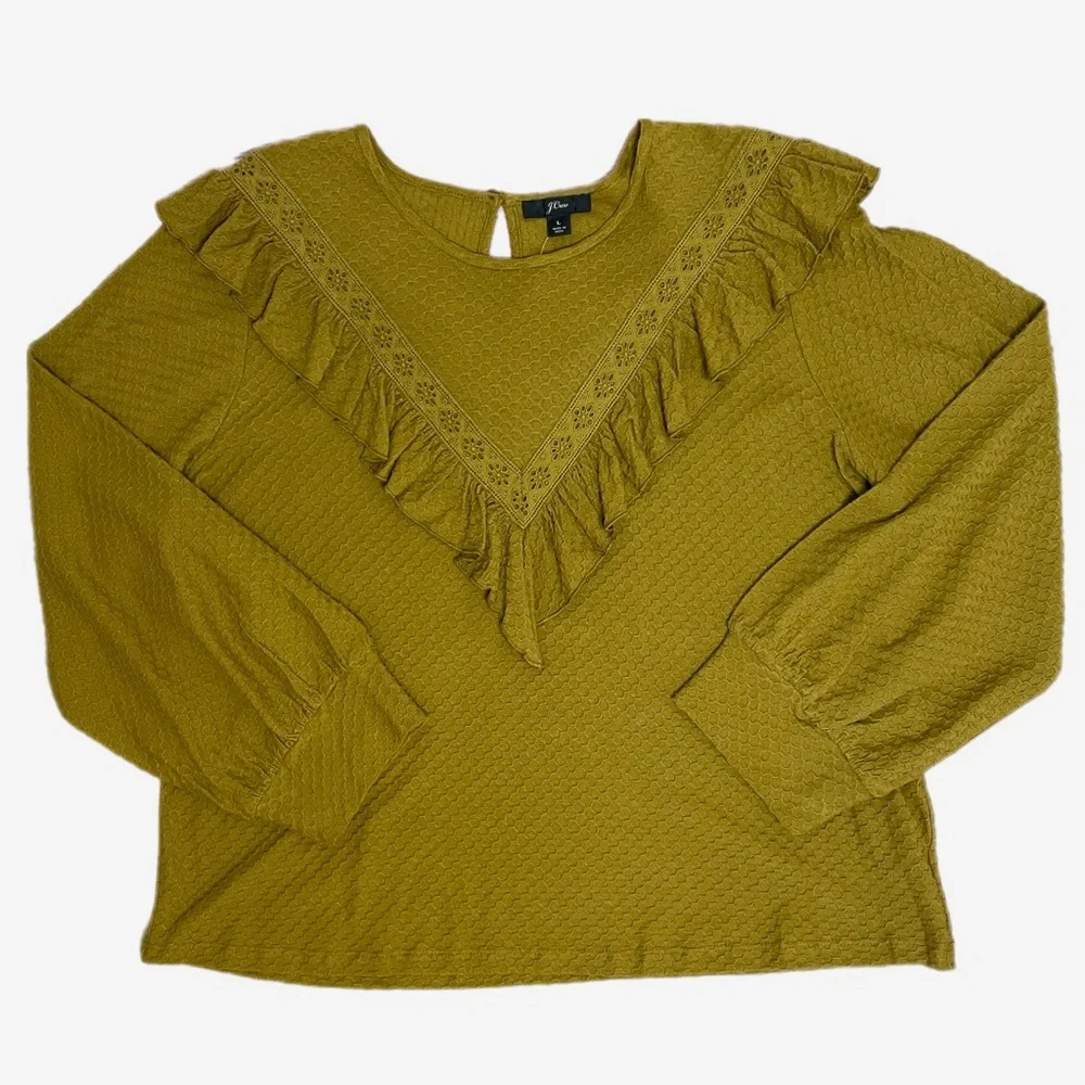 Jcrew NWT Olive green ruffle yoke honeycomb knit top prairecore boho western L